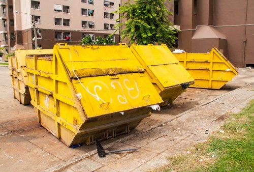 Skip container placed in front of a residential property